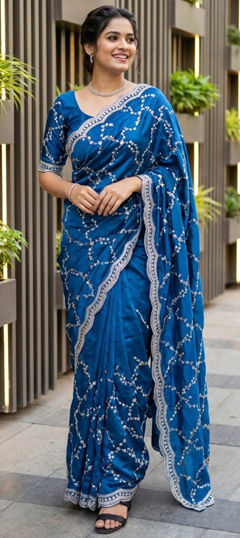 Blue color Saree in Tissue fabric with Embroidered, Sequence work
