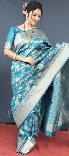 Blue color Saree in Blended fabric with Weaving work