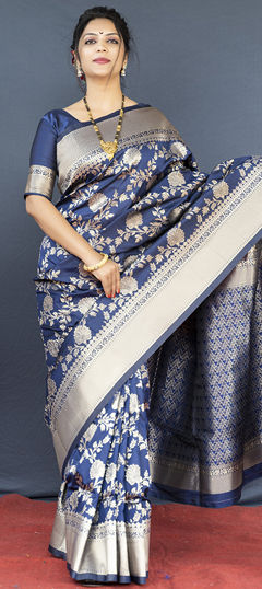 Blue color Saree in Blended fabric with Weaving work