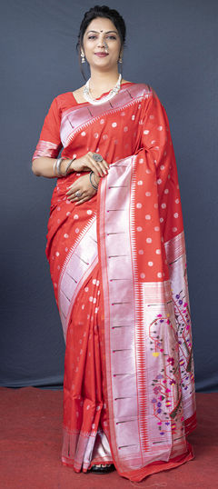 Red and Maroon color Saree in Blended fabric with Weaving work