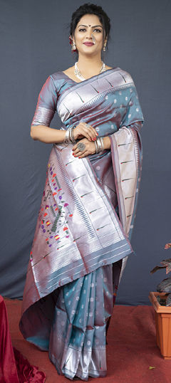 Black and Grey color Saree in Blended fabric with Weaving work