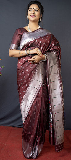 Beige and Brown color Saree in Blended fabric with Weaving work