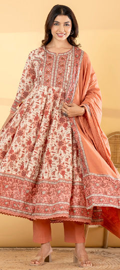 Beige and Brown color Salwar Kameez in Cotton fabric with Bugle Beads, Floral, Printed, Sequence, Zari work