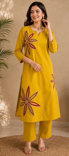 Yellow color Salwar Kameez in Cotton Flex fabric with Applique, Sequence, Thread work