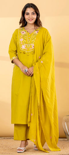 Yellow color Salwar Kameez in Cotton fabric with Embroidered, Mirror work
