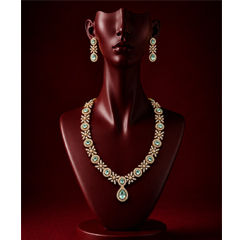 Gold Rodium Polish Blue color Necklace in Metal Alloy studded with Austrian diamond