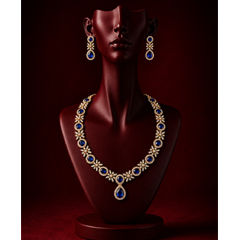 Gold Rodium Polish Blue color Necklace in Metal Alloy studded with Austrian diamond
