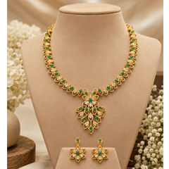 Gold Rodium Polish Gold, Green color Necklace in Metal Alloy studded with Austrian diamond