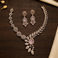 Gold Rodium Polish Pink and Majenta color Necklace in Metal Alloy studded with Austrian diamond