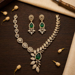 Gold Rodium Polish Green color Necklace in Metal Alloy studded with Austrian diamond