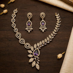 Gold Rodium Polish Purple and Violet color Necklace in Metal Alloy studded with Austrian diamond