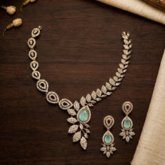 Gold Rodium Polish Blue color Necklace in Metal Alloy studded with Austrian diamond