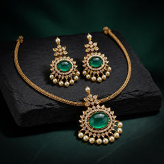 Gold Rodium Polish Green color Necklace in Metal Alloy studded with Austrian diamond