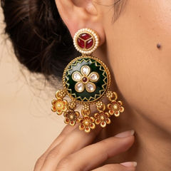 Gold Rodium Polish Green color Earrings in Brass studded with CZ Diamond