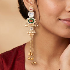Gold Rodium Polish Green color Earrings in Brass studded with CZ Diamond