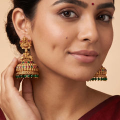 Gold Rodium Polish Green color Earrings in Brass studded with CZ Diamond