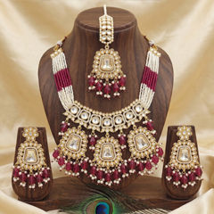 Gold Rodium Polish Pink and Majenta color Necklace in Brass studded with CZ Diamond