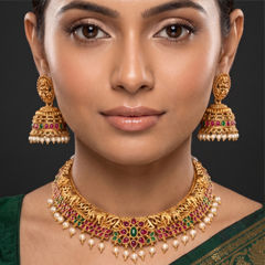 Gold Rodium Polish Green color Necklace in Brass studded with CZ Diamond