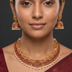 Gold Rodium Polish Pink and Majenta color Necklace in Brass studded with CZ Diamond