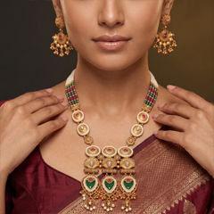 Gold Rodium Polish Green color Necklace in Brass studded with CZ Diamond