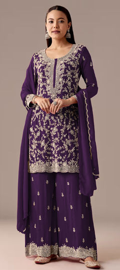 Purple and Violet color Salwar Kameez in Georgette fabric with Embroidered, Sequence, Thread work
