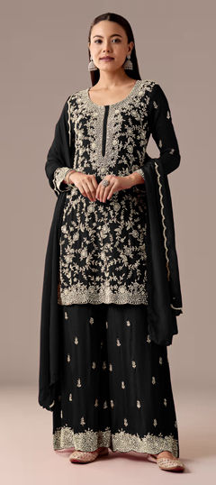 Black and Grey color Salwar Kameez in Georgette fabric with Embroidered, Sequence, Thread work
