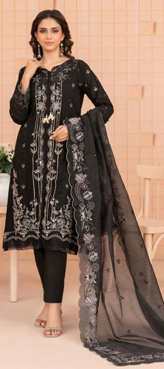 Black and Grey color Salwar Kameez in Cotton fabric with Embroidered, Sequence work