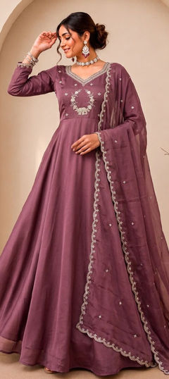 Purple and Violet color Gown in Silk fabric with Embroidered, Sequence, Thread work