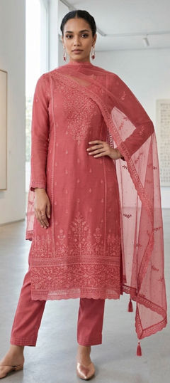 Pink and Majenta color Salwar Kameez in Organza Silk fabric with Embroidered work