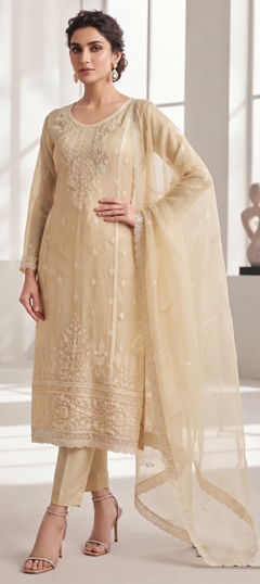 Beige and Brown color Salwar Kameez in Organza Silk fabric with Embroidered work