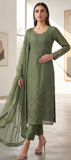 Green color Salwar Kameez in Organza Silk fabric with Embroidered work