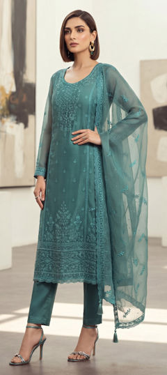 Blue color Salwar Kameez in Organza Silk fabric with Embroidered work