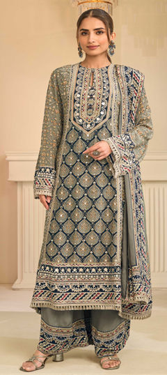Black and Grey, Green color Salwar Kameez in Crepe Silk fabric with Aari, Gota Patti work