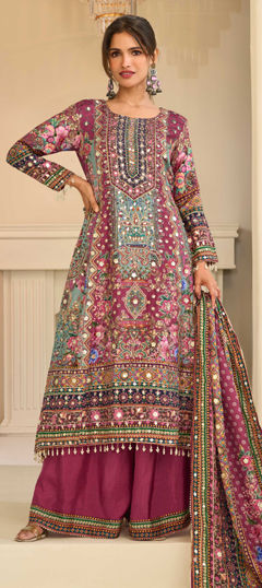 Pink and Majenta color Salwar Kameez in Crepe Silk fabric with Floral, Printed work