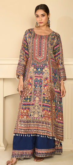 Beige and Brown color Salwar Kameez in Crepe Silk fabric with Printed work