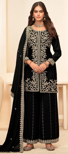Black and Grey color Salwar Kameez in Chinon Silk fabric with Embroidered work