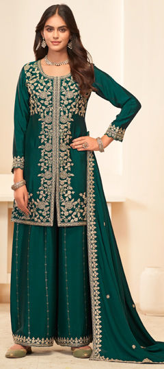 Green color Salwar Kameez in Chinon Silk fabric with Embroidered work