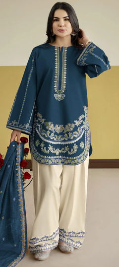 Blue color Salwar Kameez in Roman Silk fabric with Embroidered work