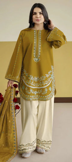 Yellow color Salwar Kameez in Roman Silk fabric with Embroidered work