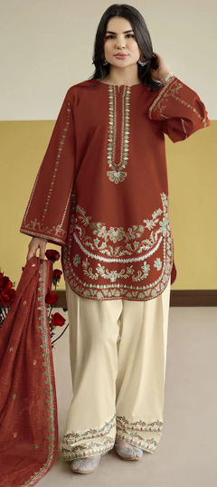 Beige and Brown color Salwar Kameez in Roman Silk fabric with Embroidered work