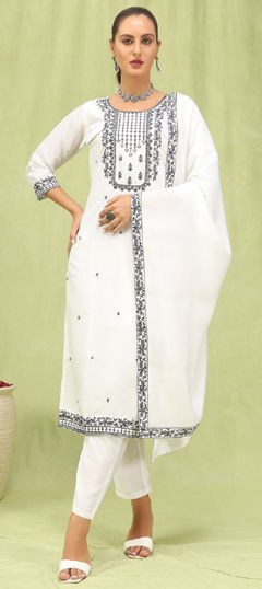 White and Off White color Salwar Kameez in Roman Silk fabric with Embroidered work