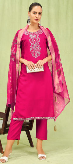 Pink and Majenta color Salwar Kameez in Roman Silk fabric with Embroidered work