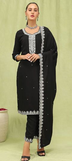 Black and Grey color Salwar Kameez in Roman Silk fabric with Embroidered work