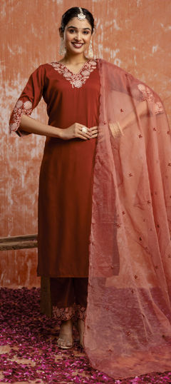 Beige and Brown color Salwar Kameez in Blended fabric with Embroidered work