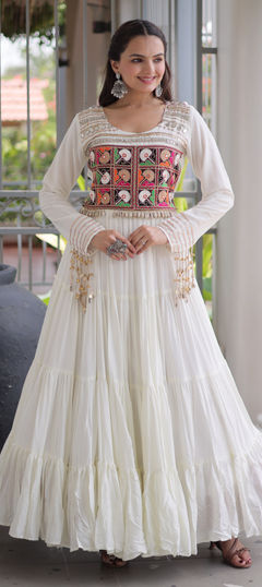 White and Off White color Gown in Rayon fabric with Embroidered, Mirror, Thread work