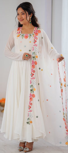 White and Off White color Salwar Kameez in Faux Georgette fabric with Embroidered work