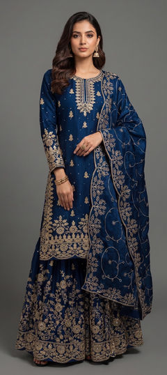 Blue color Salwar Kameez in Tissue fabric with Embroidered, Sequence work
