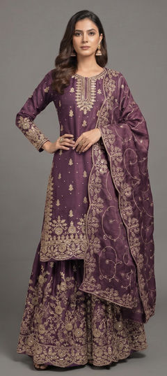 Purple and Violet color Salwar Kameez in Tissue fabric with Embroidered, Sequence work