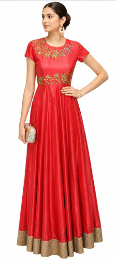 Red and Maroon color Salwar Kameez in Silk fabric with Bugle Beads, Zari work