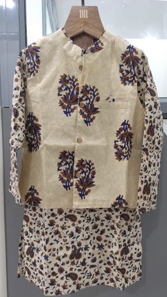 Beige and Brown color Boys Kurta Pyjama with Jacket in Cotton fabric with Floral, Printed work
